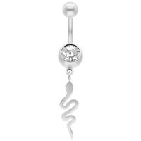 Bauchnabelpiercing aus Silber mit Kristall und Schlangenanhänger auf weißem Hintergrund