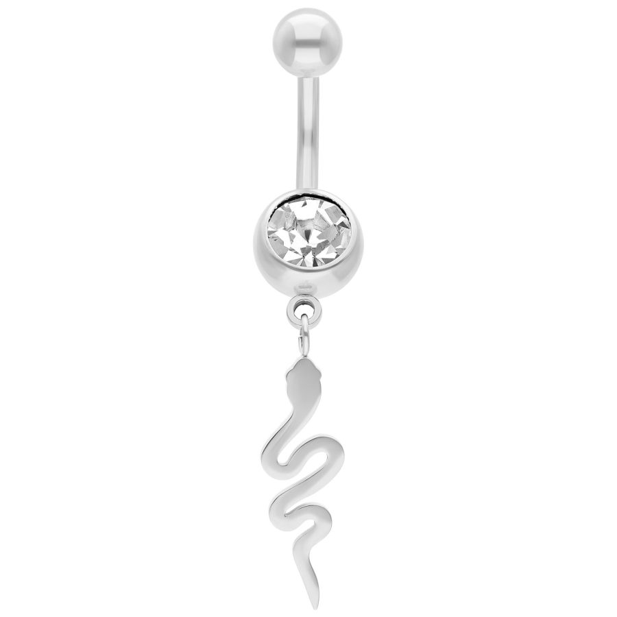 Bauchnabelpiercing aus Silber mit Kristall und Schlangenanhänger auf weißem Hintergrund