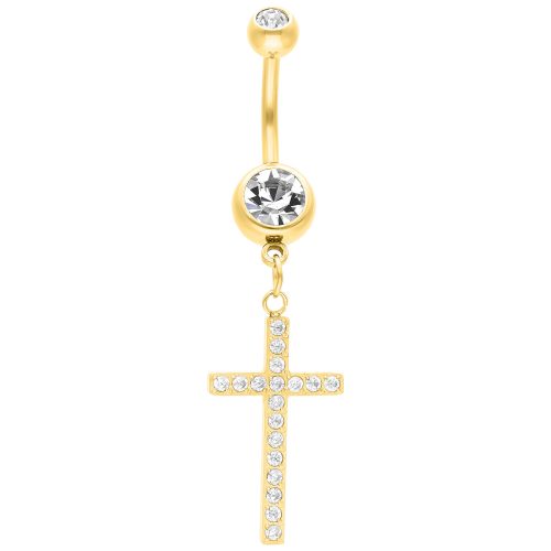 Goldenes Bauchnabelpiercing mit funkelndem Kreuzanhänger auf weißem Hintergrund