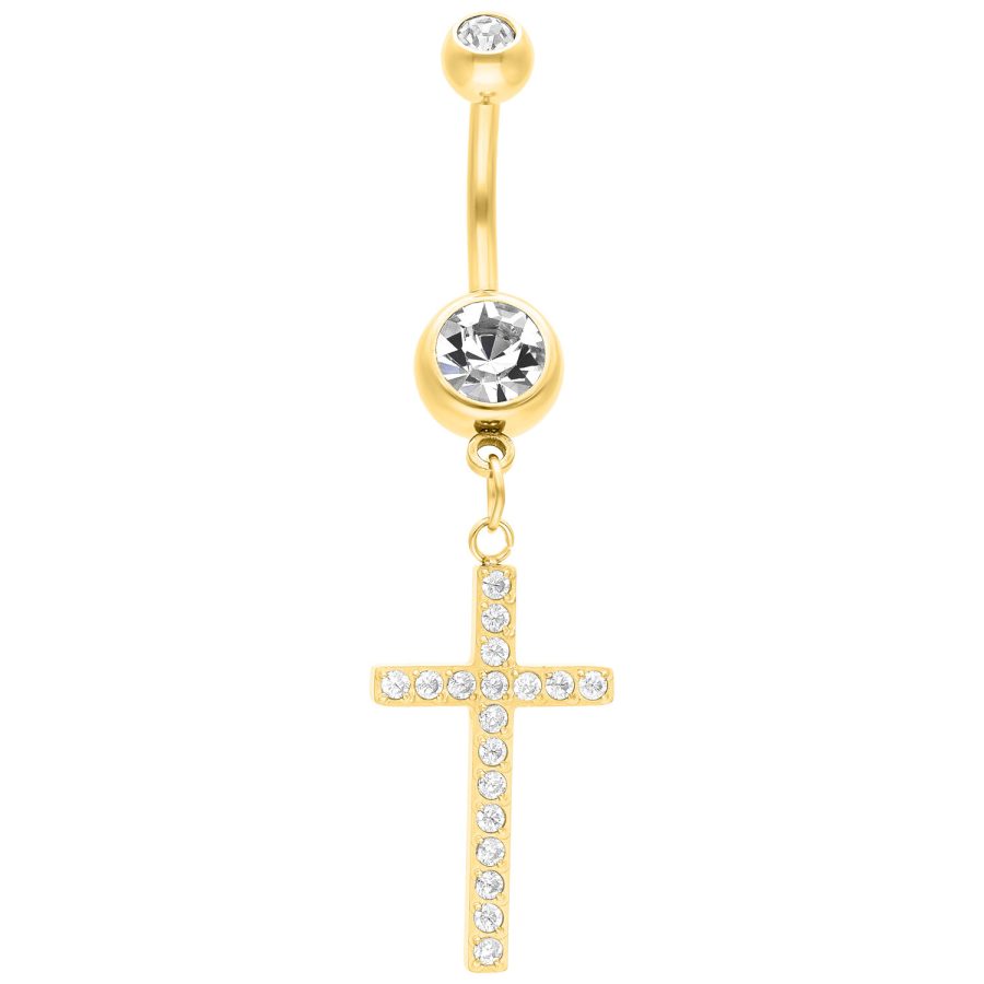 Goldenes Bauchnabelpiercing mit funkelndem Kreuzanhänger auf weißem Hintergrund
