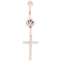 Bauchnabelpiercing in Roségold mit Kreuzanhänger und klaren Kristallen auf weißem Hintergrund