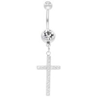 Silbernes Bauchnabelpiercing mit hängendem Kreuz und klaren Kristallen auf weißem Hintergrund