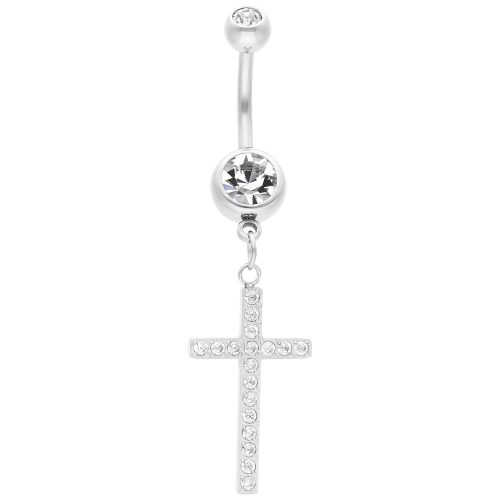 Silbernes Bauchnabelpiercing mit hängendem Kreuz und klaren Kristallen auf weißem Hintergrund