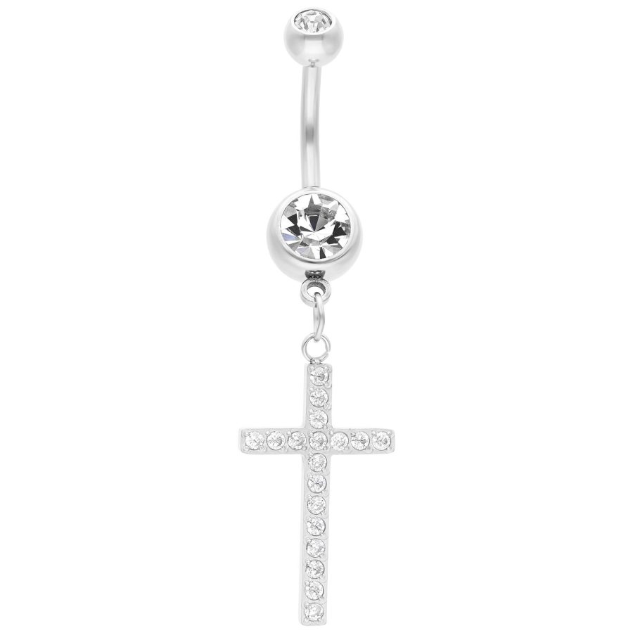 Silbernes Bauchnabelpiercing mit hängendem Kreuz und klaren Kristallen auf weißem Hintergrund