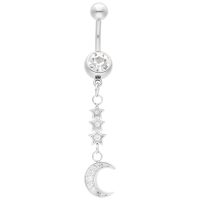 Bauchnabelpiercing mit silbernem Mondanhänger und Sternen auf weißem Hintergrund