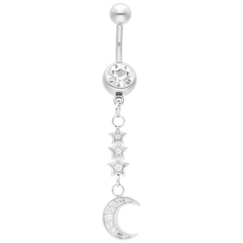 Bauchnabelpiercing mit silbernem Mondanhänger und Sternen auf weißem Hintergrund