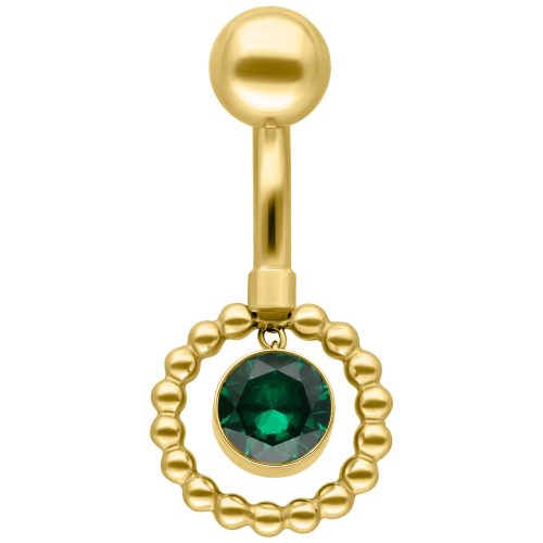 Goldenes Bauchnabelpiercing mit smaragdgrünem Kristallanhänger auf weißem Hintergrund