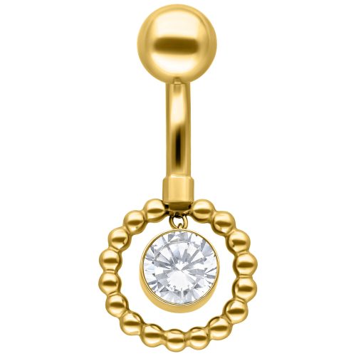 Goldenes Bauchnabelpiercing mit kristallklarem Stein und Ring auf weißem Hintergrund