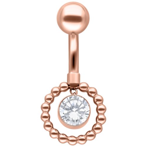 Roségoldenes Bauchnabelpiercing mit kristallklarem Stein und Kugeldesign auf weißem Hintergrund