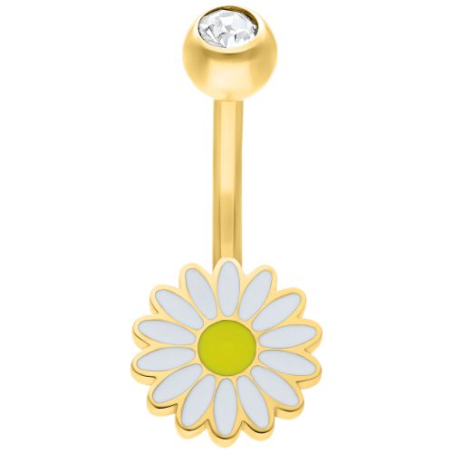 Goldenes Bananabell mit Gänseblümchen-Design und Kristall, auf weißem Hintergrund