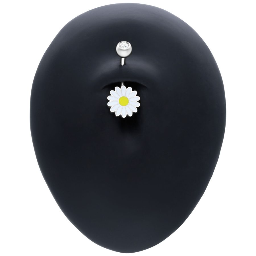 Silbernes Micro Bananabell mit Gänseblümchen-Anhänger und Kristall auf schwarzem Display