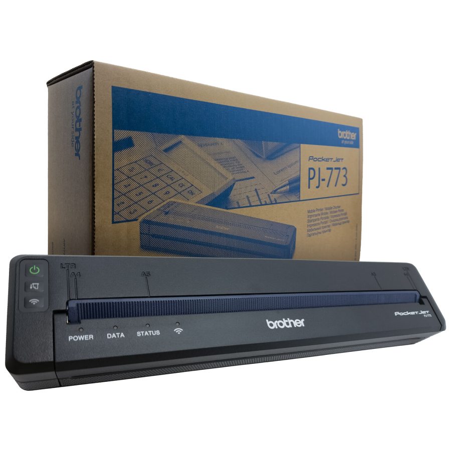 Schwarzer mobiler A4 Thermodrucker mit Kartonverpackung im Hintergrund