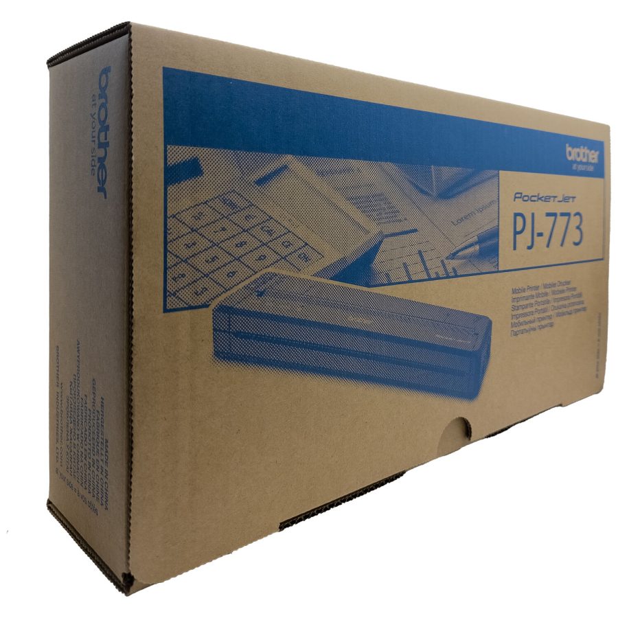 Braune Verpackung mit A4 Thermodrucker Abbildung und blauer Grafik