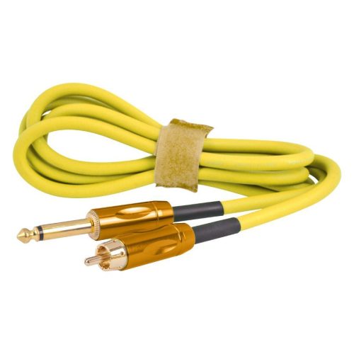 Gelbes RCA Clip Cord Kabel aus Silikon auf weißem Hintergrund