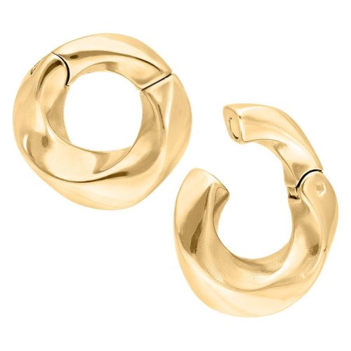Zwei goldene, gedrehte Ohrgewichte aus Chirurgenstahl auf weißem Hintergrund