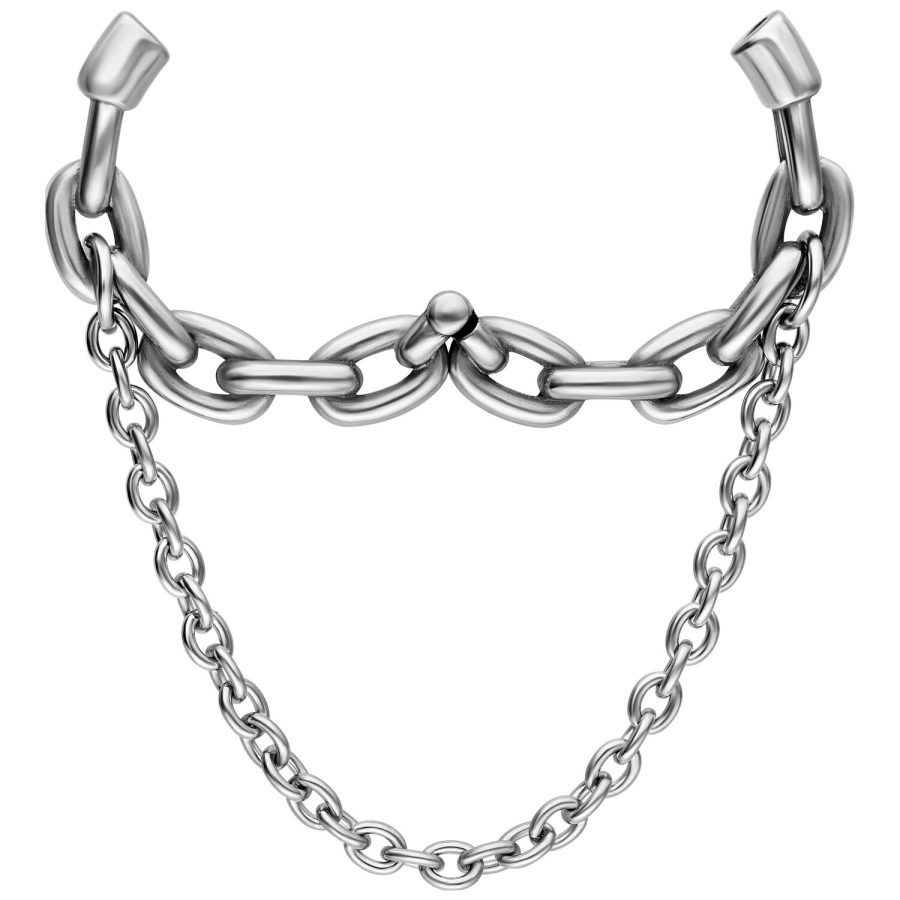 Silberne Ohrgewichte aus Chirurgenstahl mit doppelter Kette auf weißem Hintergrund