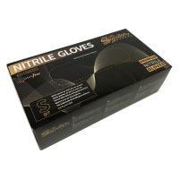 Schwarze Verpackung von Nitrilhandschuhen mit goldener Schrift auf weißem Hintergrund