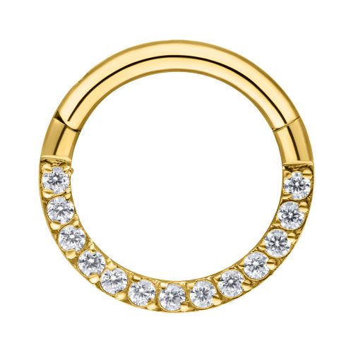 Goldener Septum Clicker mit klaren Kristallen auf weißem Hintergrund