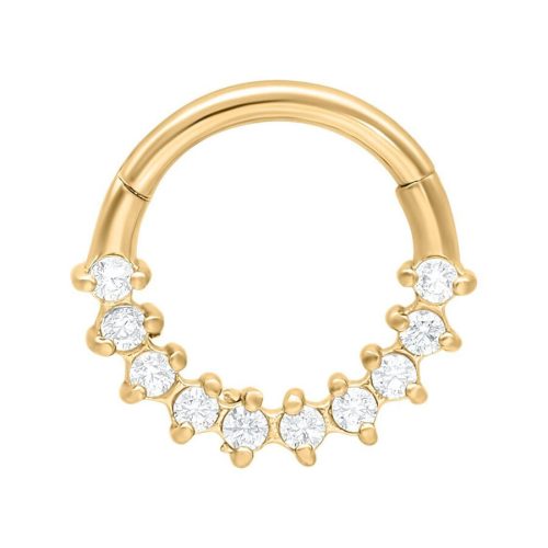 Glamorous Septum Clicker aus goldfarbenem Metall mit klaren Kristallen auf weißem Hintergrund