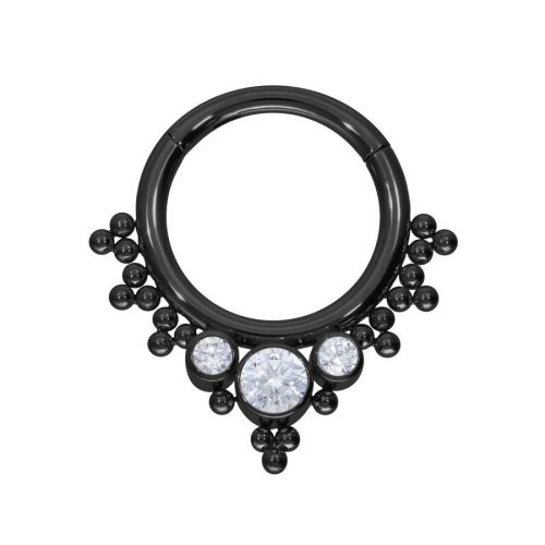 Schwarzer Piercingring mit klaren Kristallen auf weißem Hintergrund