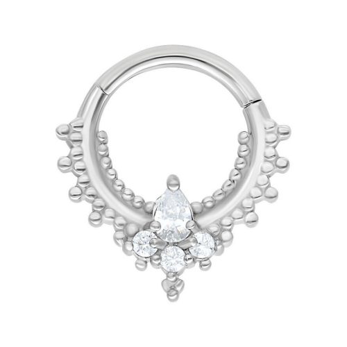 Silberner Oriental Drop Clicker Piercingring mit Kristallen auf weißem Hintergrund