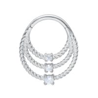 Silberner Piercingring mit drei gedrehten Bändern und Kristallsteinen auf weißem Hintergrund