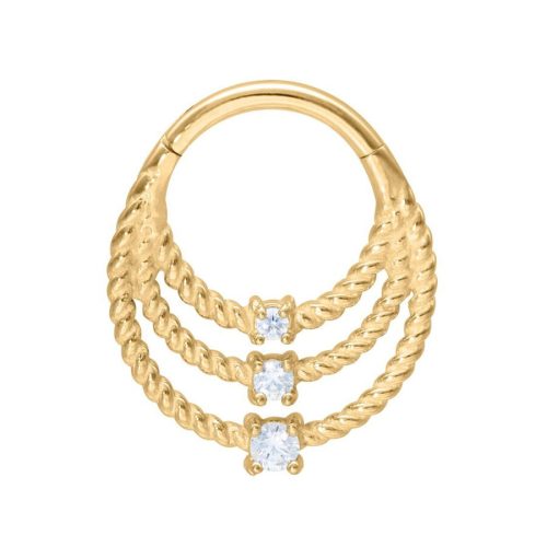 Goldene Piercingring mit drei gedrehten Reihen und klaren Kristallen