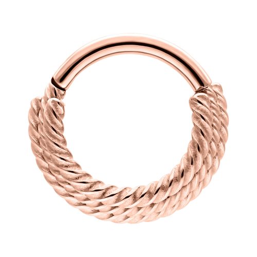 Roségoldener Septum Clicker mit drei gedrehten Seilen auf weißem Hintergrund
