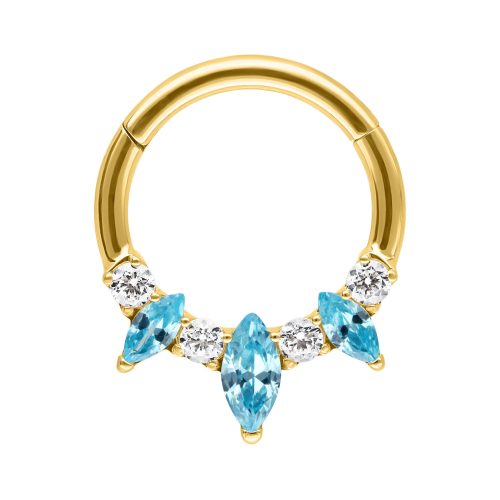 Goldener Piercingring mit aquamarinfarbenen Kristallen auf weißem Hintergrund