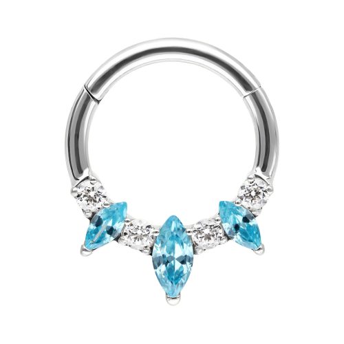 Silberner Septum Clicker mit Aquamarin Kristallen auf weißem Hintergrund