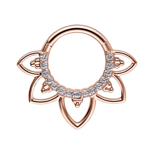 Roségoldener Septum Clicker mit Blütenmuster und Kristallen auf weißem Hintergrund