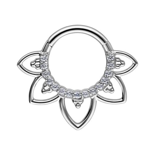 Silberner Septum Clicker mit Blumenmuster und Kristallen auf weißem Hintergrund