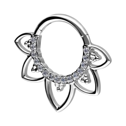 Silberner Septum Clicker mit Blumenmuster und Kristallverzierung auf weißem Hintergrund