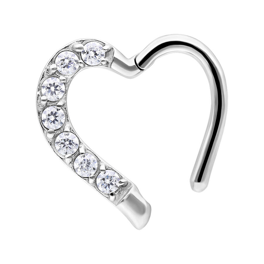 Silberner Herz-Piercingring mit klaren Kristallen auf weißem Hintergrund