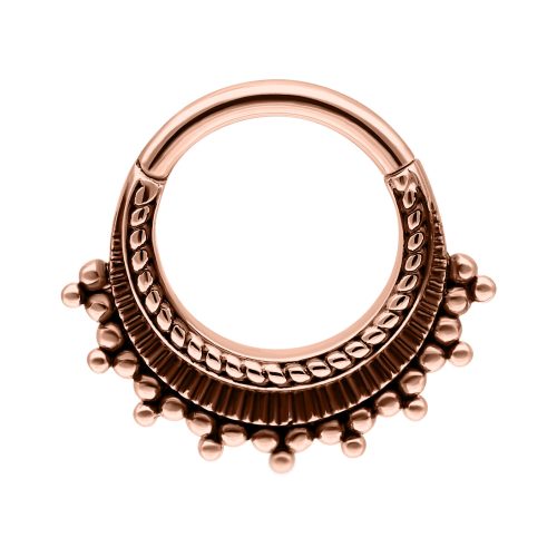 Roségoldener Piercingring mit Scharnier und dekorativen Kugeln auf weißem Hintergrund