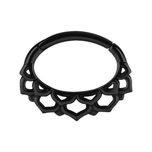 Schwarzer Hinged Ring mit Blumendesign auf weißem Hintergrund