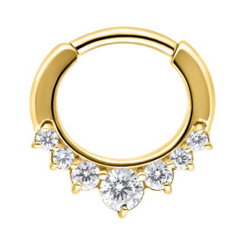 Goldener Septum Clicker mit fünf klaren Kristallen auf weißem Hintergrund