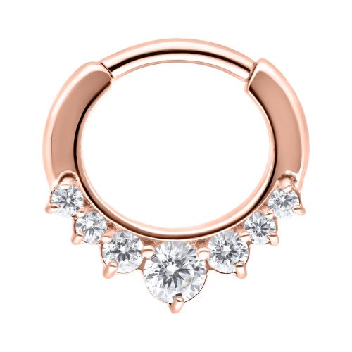 Roségoldener Septum Clicker mit klaren Kristallen auf weißem Hintergrund
