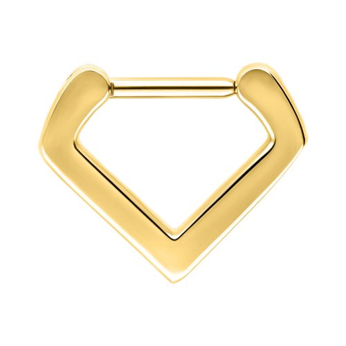 Goldener dreieckiger Septum Clicker aus Chirurgenstahl auf weißem Hintergrund