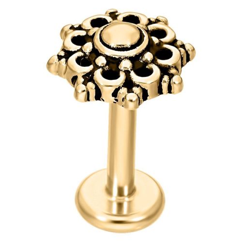 Goldenes Labret mit Mandala-Design, aus Chirurgenstahl, auf weißem Hintergrund
