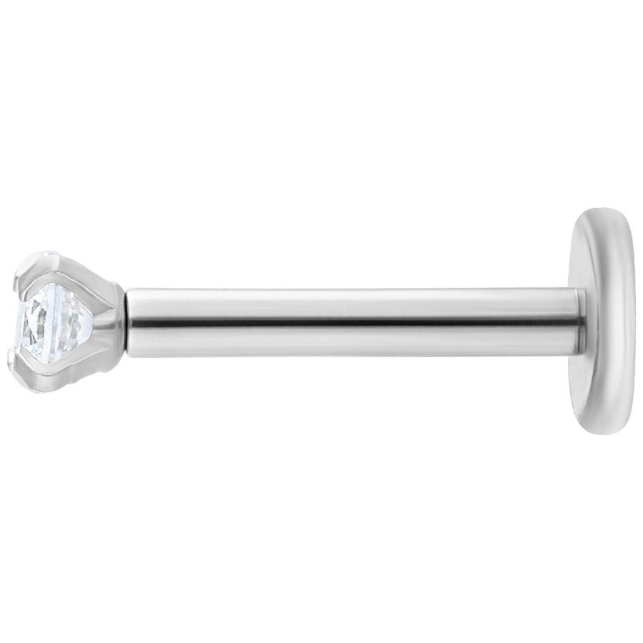 Silbernes Labret mit rundem, klarem Kristall auf weißem Hintergrund