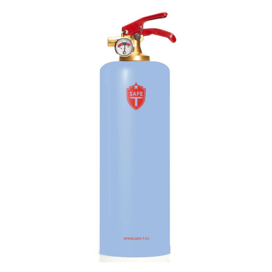 Blauer Feuerlöscher mit rotem Griff auf weißem Hintergrund