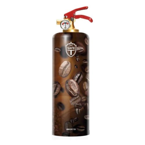 Feuerlöscher mit Kaffeebohnen-Design auf weißem Hintergrund