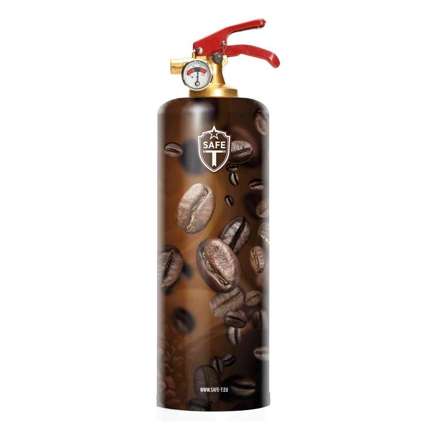 Feuerlöscher mit Kaffeebohnen-Design auf weißem Hintergrund