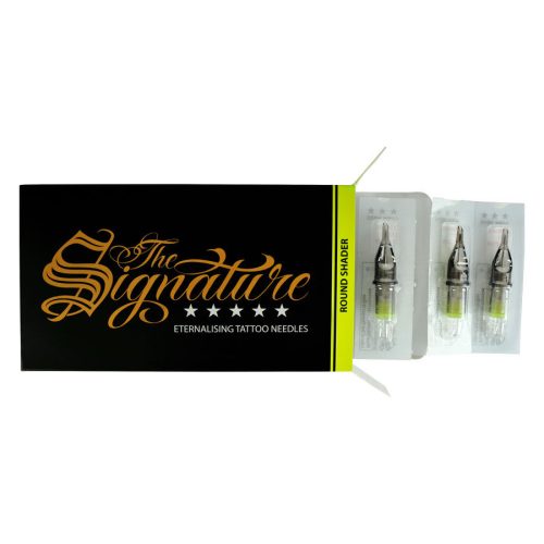 Drei Round Shader Tattoo-Nadelmodule neben schwarzer Verpackung