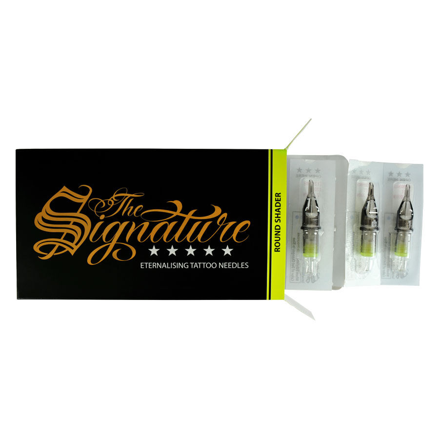 Drei Round Shader Tattoo-Nadelmodule neben schwarzer Verpackung