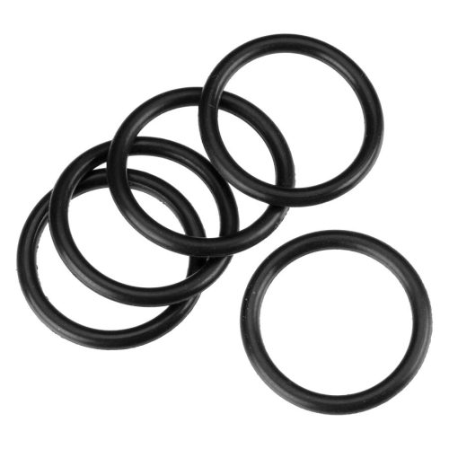 Sechs schwarze O-Ringe aus Gummi auf weißem Hintergrund