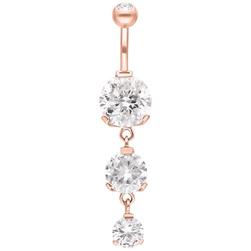 Bauchnabelpiercing aus Roségold mit drei klaren Kristallen vor weißem Hintergrund