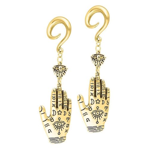 Zwei goldene Hamsa Hand Ohrgewichte aus Metall, 10,0 mm, auf weißem Hintergrund