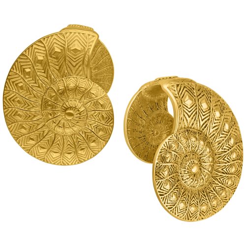 Goldene Ear Cuffs in Fossilform aus Chirurgenstahl, 12 mm Durchmesser, detailreich graviert